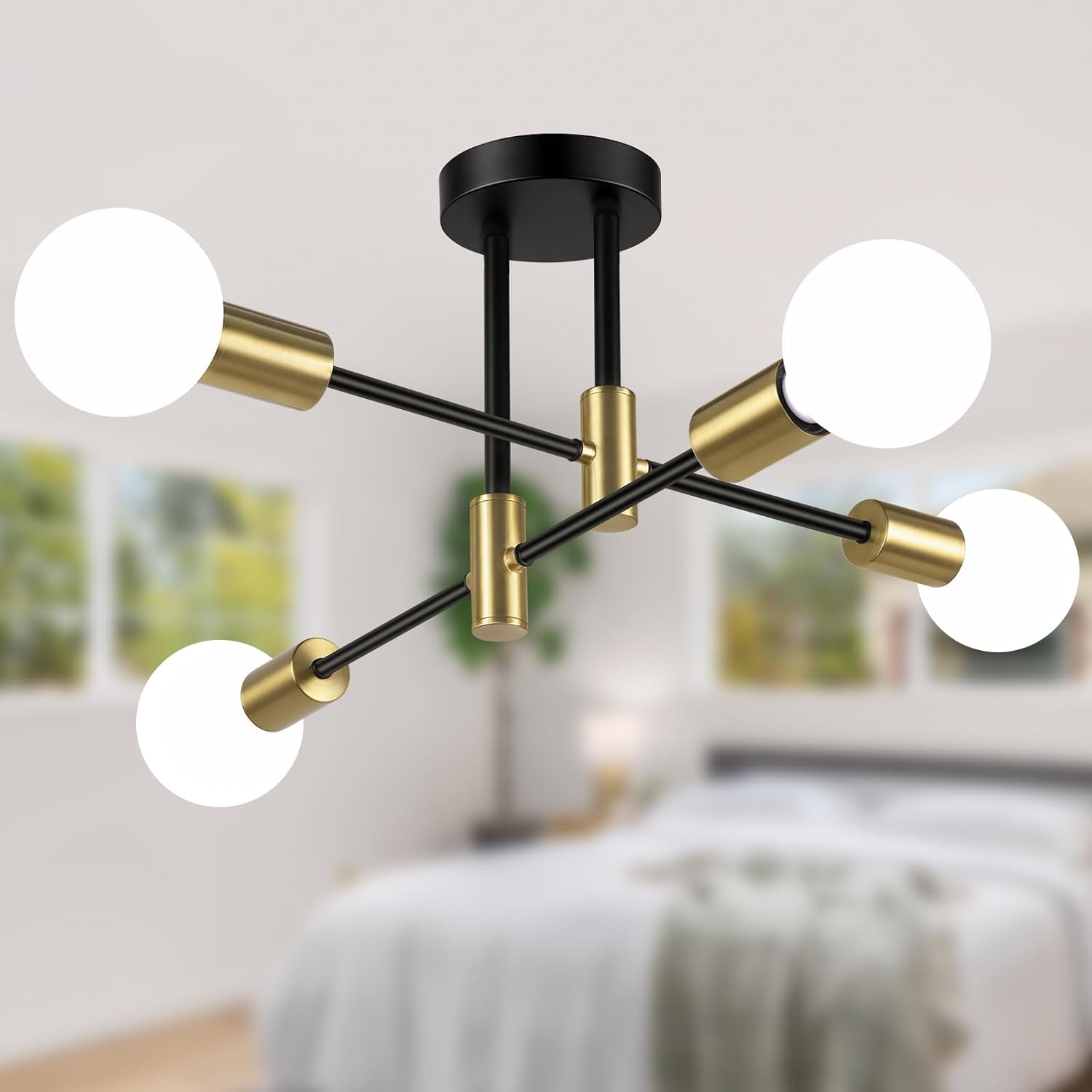 Bosceos Semi Flush Mount Ceiling Light Fixture, 4-Light Modern Black and Gold Sputnik Chandelier Industrial Ceiling Lamp for Kitchen Dining Room Living Room Bedroom Foyer