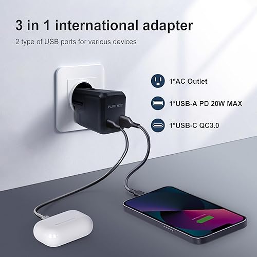 Miniatura 2 de Adaptador universal de viaje internacional enchufe de bolsillo con PD 20W USBC y puertos de carga USBA todo en uno con tipo A C G I para Estados