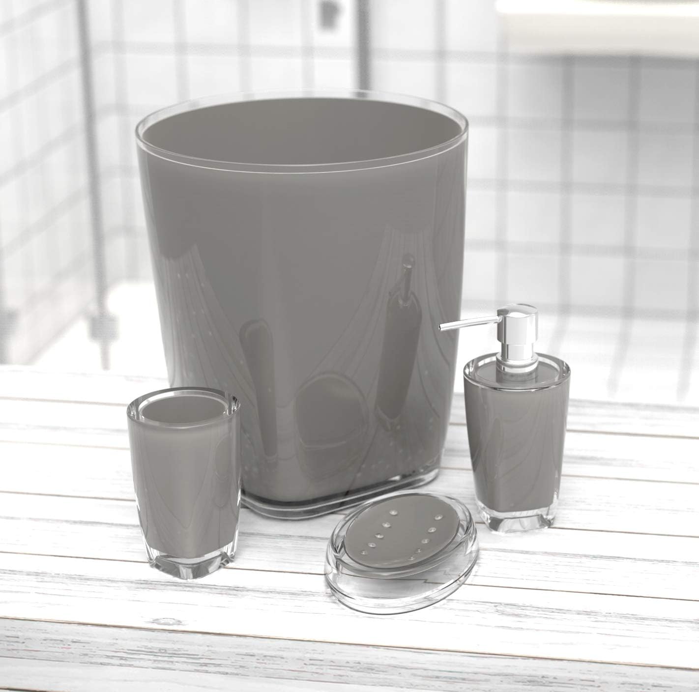 QG Modern Acrylic Plastic Bathroom Accessories Set, 4 Piece, Lotion Dispenser, Soap Dish, Tumbler, Trash Can - Clear/Grey