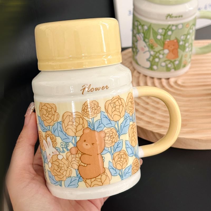 Jarsense Ceramic Coffee Mug, Rabbit Cappuccino Mug with Handle and Lid, 420ml Breakfast Oatmeal Mug, Creative Tea Mug Milk Mug (Yellow) - Image 3