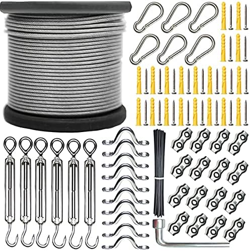 sunmeg String Light Hanging Kit,Outdoor Light Hanging Kit, Vinyl Coated 304 Stainless Steel Wire Rope Cable,Guide Wire for Outdoor String Lights,Easy to Install (Transparent 250FT Set)