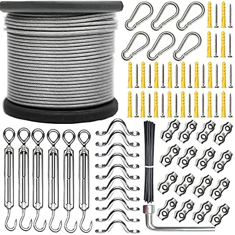 SUNMEG String Light Hanging Kit 250FT, Vinyl Coated 304 Stainless Steel Cable, Guide Wire for Outdoor String Lights, Globe String Light Suspension Kit, Included Use Manual (Transparent, 250FT Set) Cover