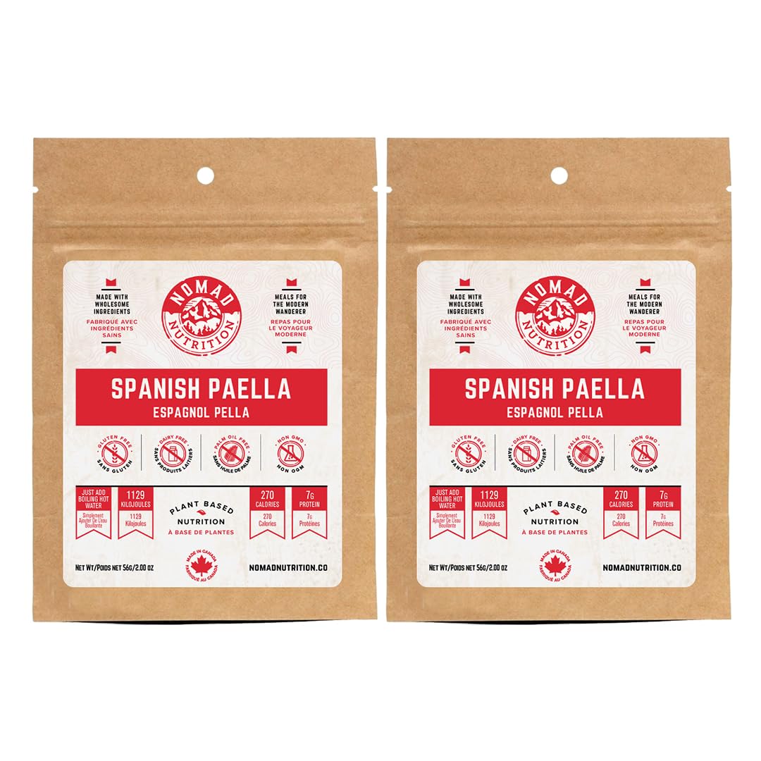 NOMAD NUTRITIONSpanish Paella | Instant Freeze Dried Backpacking & Camping Food | Plant-Based, Non-GMO Hiking Meals with High-Energy, Vegan, Gluten-Free | 56g - 2 Pack