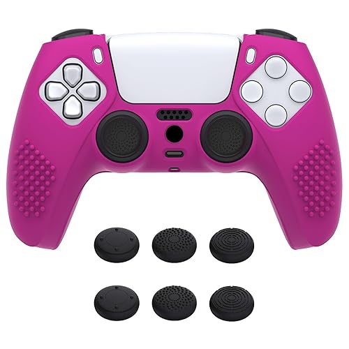 Miniatura 23 de eXtremeRate PlayVital - Funda de silicona antideslizante para controlador PS5, color morado malva 3D, con 6 tapas blancas de agarre para el pulgar