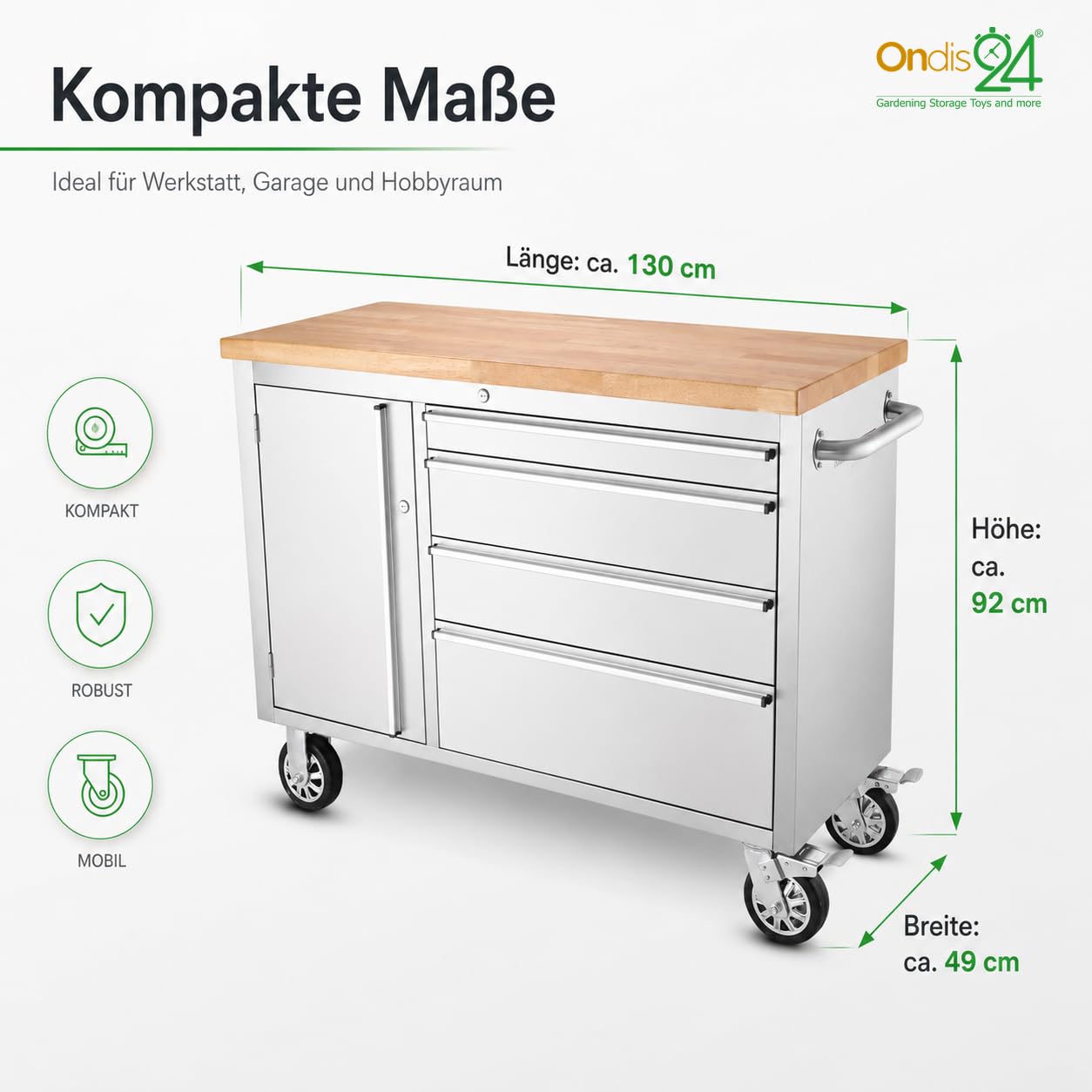 Ondis24 Chariot d'atelier en acier inoxydable avec 4 tiroirs à roulement facile et plan de travail en bois massif XL - Roulettes pivotantes - Gris - 130 x 49 x 92 cm