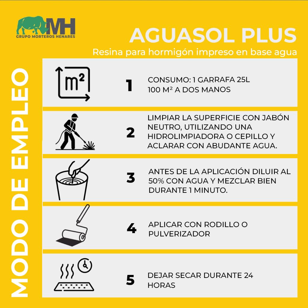 Resina para hormigón impreso en base agua.25Litros. Conserva y mantiene pavimentos de hormigón impreso, para exteriores e interiores, diluir con agua al 50%. Aguasol Plus.