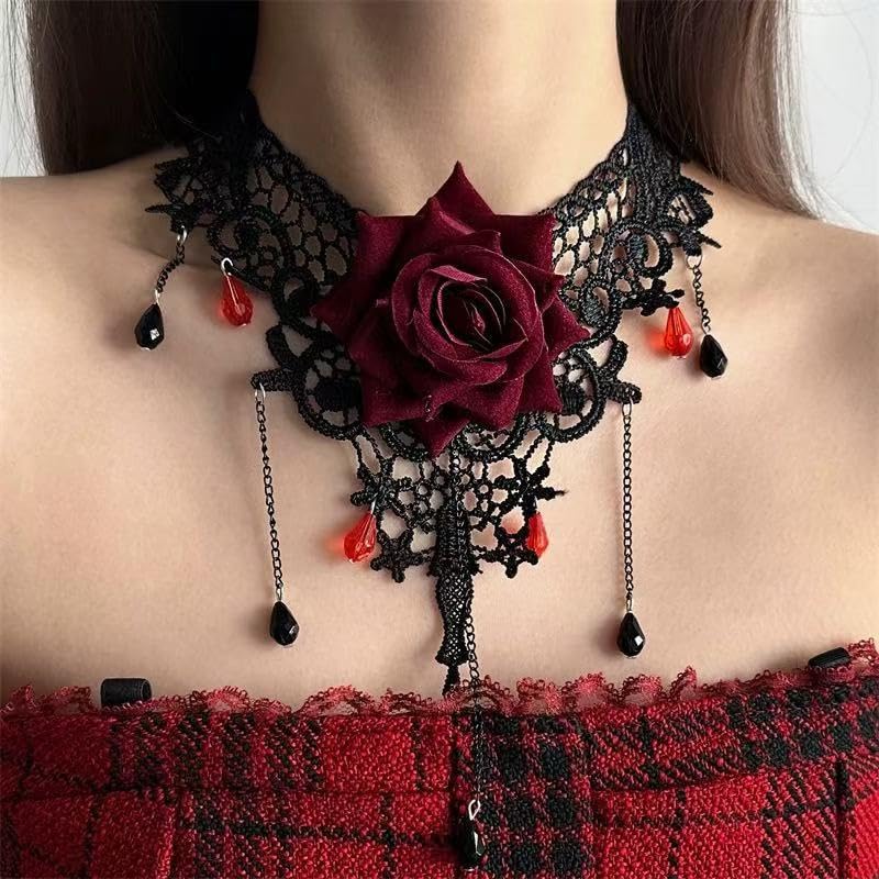 Gothic Black Lace Red Rose Flower Choker Necklace for Women2