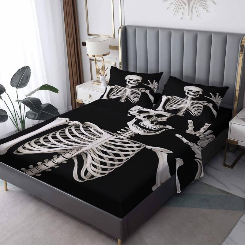 Divertidas sábanas de esqueleto tamaño Queen Sábanas de microfibra suave con bolsillo profundo y patrón sin arrugas, 4 piezas (1 sábana bajera, 1