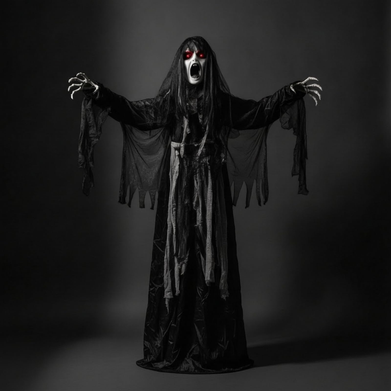 de Halloween Figura Decoración Fantasma Cadáver con Cabeza Giratoria Manos en Garra y Montaje Sencillo a Batería AA y Estructura Colgante Adecuado para Temáticos Terrazas Recibidores