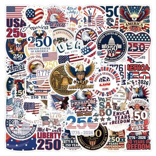 55Pcs United States 250th Anniversary 1776 2026 Stickers Retro American 250 Years Anniversary Patriotic Waterproof Vinyl Sticker for Water Bottle Bumper Car Laptop - A Patriotic Must-Have