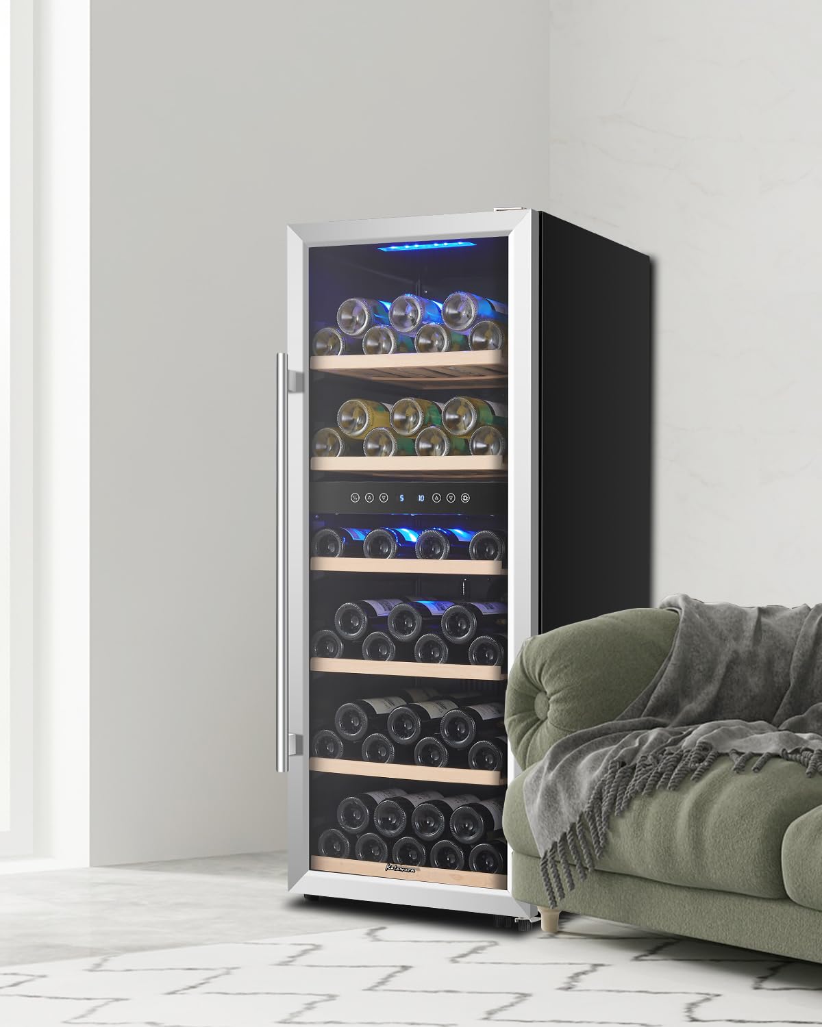 Kalamera KRC-73BSS Frigorifero Vino Designer, Fino a 73 Bottiglie (310mm Altezza), 2 Zone 5-10°C/10-18°C, Compressore, Pannello LED, Porta Inox Illuminata