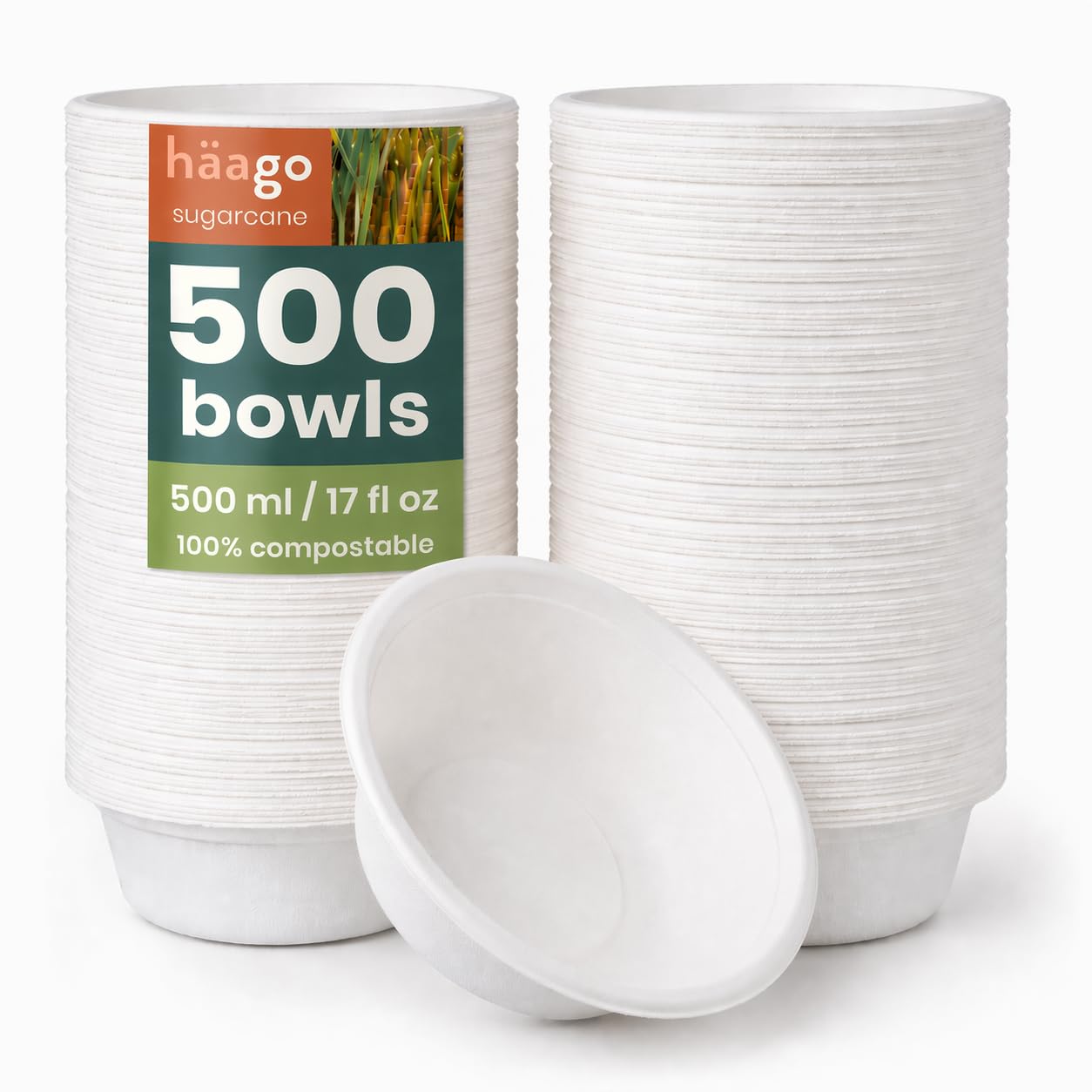 HAAGO 500 Biodegradable Sugarcane Bagasse Bowls, 500ml - Strong Paper Bowls - Leak-Resistant, Eco-Friendly, Compostable & Disposable Party Bowl for Soup & Dessert, Hot & Cold Food
