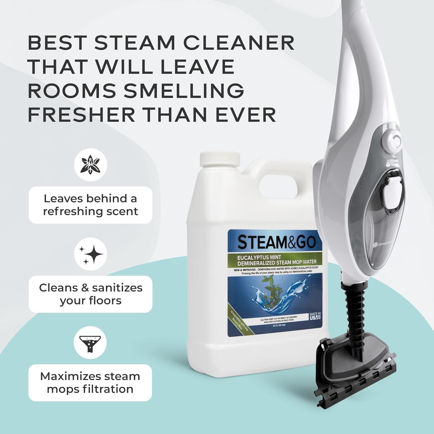 Steam & Go - The Housekeeper Steam Cleaner For Floors & Demineralized Water Bundle, 10-in-1 Hard Floor Cleaner Machine & Grout Steam Cleaner with Floor Cleaning Solution, 32 oz, Eucalyptus Mint Scent