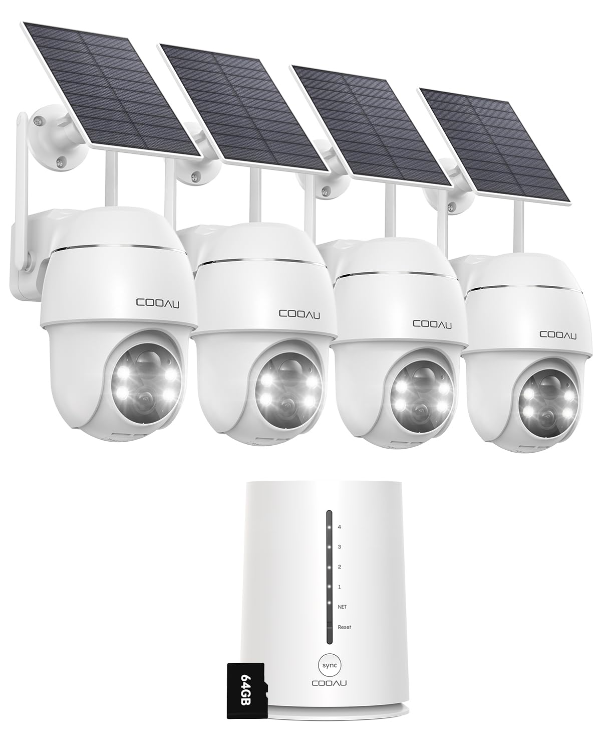 COOAU 4MP Kit de cámara vigilancia WiFi Exterior bateria con Panel Solar, 2.5K QHD, cámara de Seguridad inalámbrica 4+1 con Memoria Local de 64 GB, 360°, visión Nocturna, PIR detección, Alexa