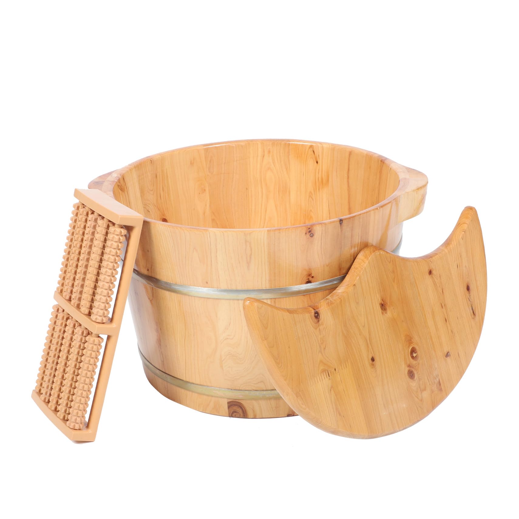Vasca per Pediluvio in Legno Coperchio e Perle Massaggianti, Secchio per Ammollo Piedi Resistente Alte Temperature, Barile per Lavaggio Piedi Domestico Relax e Benessere Famiglia