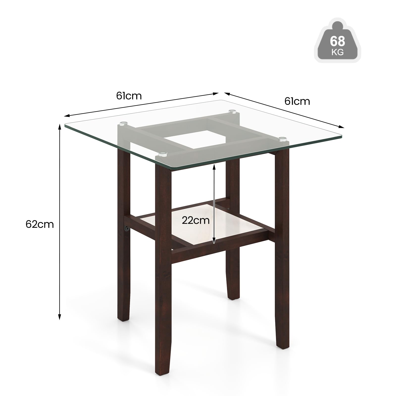 LIFEZEAL Tavolino da Divano, Tavolino Laterale da Caffè, da Soggiorno, in Legno Massello e Vetro Temperato, a 2 Ripiani, Vintage, Basso, Max 68 kg, 61x61x62 cm, Montaggio Semplice, Marrone Rustico