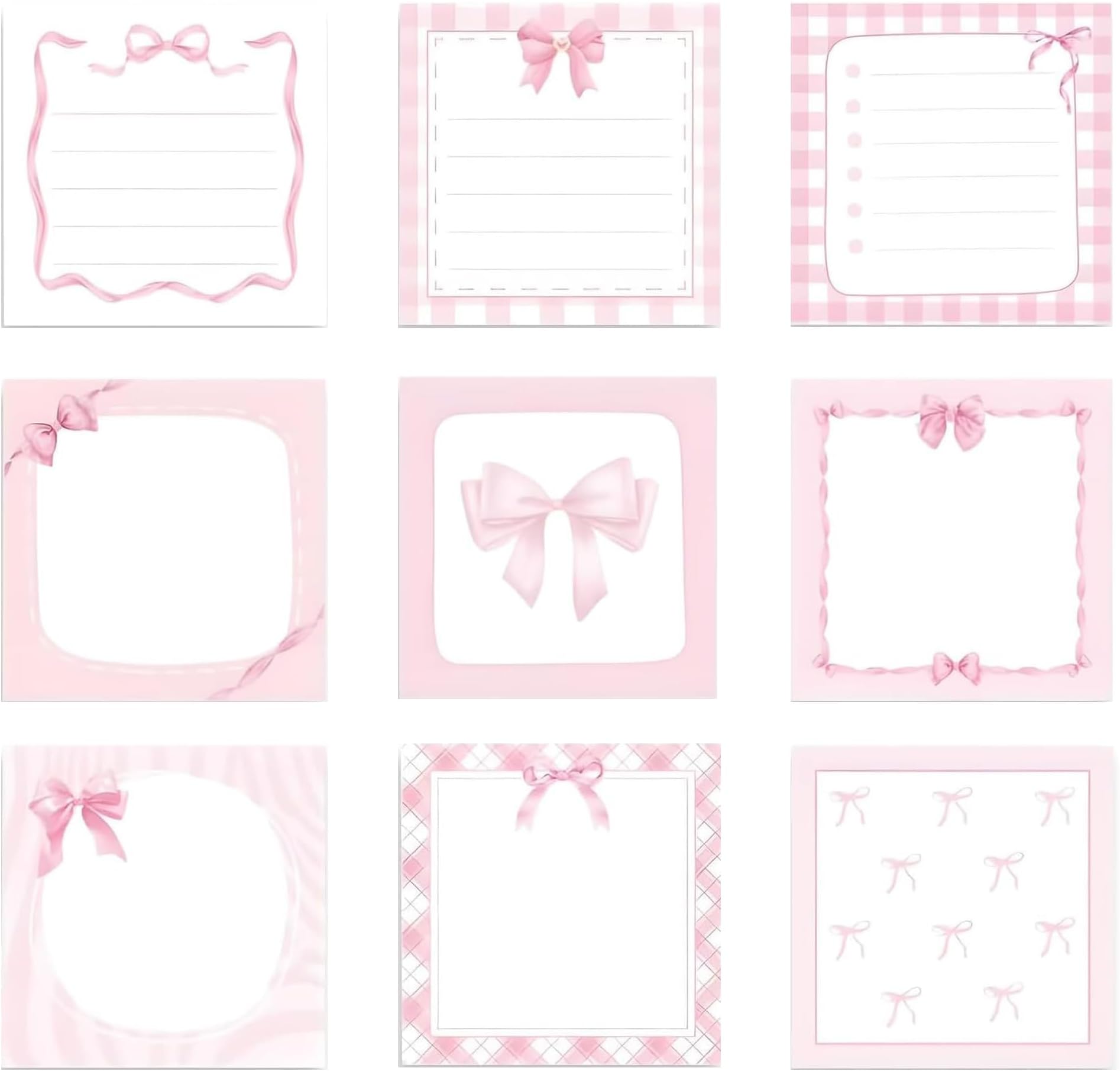 Pink Bow Sticky Notes Set (9 Pack, 450 Sheets) - 3x3 Inch Aesthetic Memo Pads - Self-Stick Note Paper for School, Office Supplies, Planners and Journalling