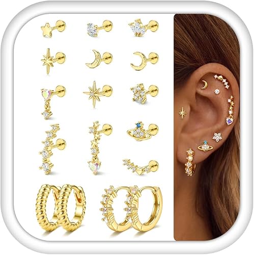 17Pcs Gold Earrings Stack for Women Flat Back Stud Cartilage Piercing