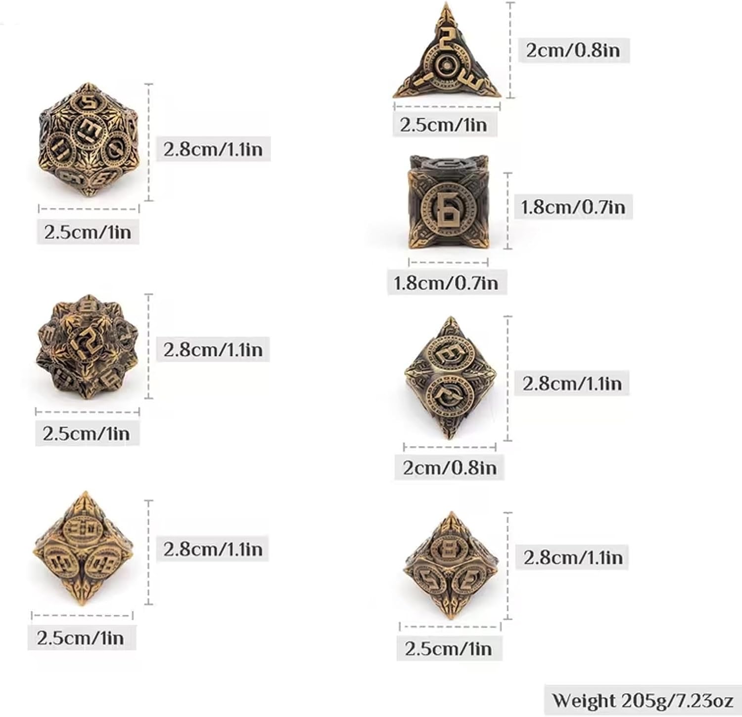 7pcs Yellow Circle Wheel Metal Dice, Solid Metal Polyhedral Dice, Compatible with Role-Playing RPG Board Game Card Game