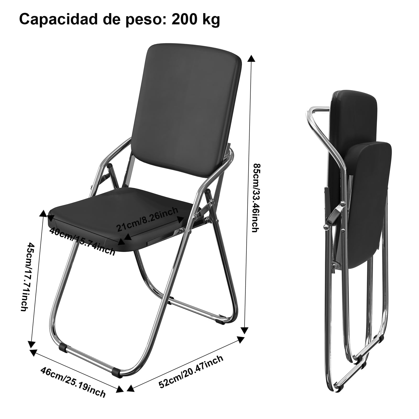 Set de 4 Silla Plegable Acolchada Sillas Plegables Comedor de Cuero, Sillas de Estudio Plegable, Silla Plegable Cocina para Cocina, Interior, Exterior, Sala de Conferencias (Negro)