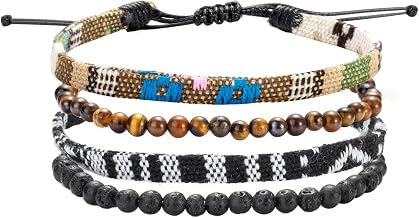 4 Piece Boho Surfer Bracelets Set for Men Women Colourful Ethnic Style Woven Fabric Cable Beach Bracelet, Cool Tiger's Eye Vulcan Stone Beads Gift for Men Boys Children Boy