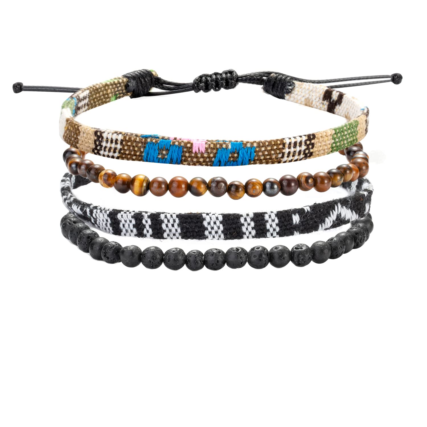 Zestaw 4 bransoletek w stylu boho dla surferów, kolorowe, w stylu etnicznym, pleciona tkanina, bransoletka plażowa, fajne tygrysie oko, wulkaniczne, koraliki, prezent dla mężczyzn i kobiet