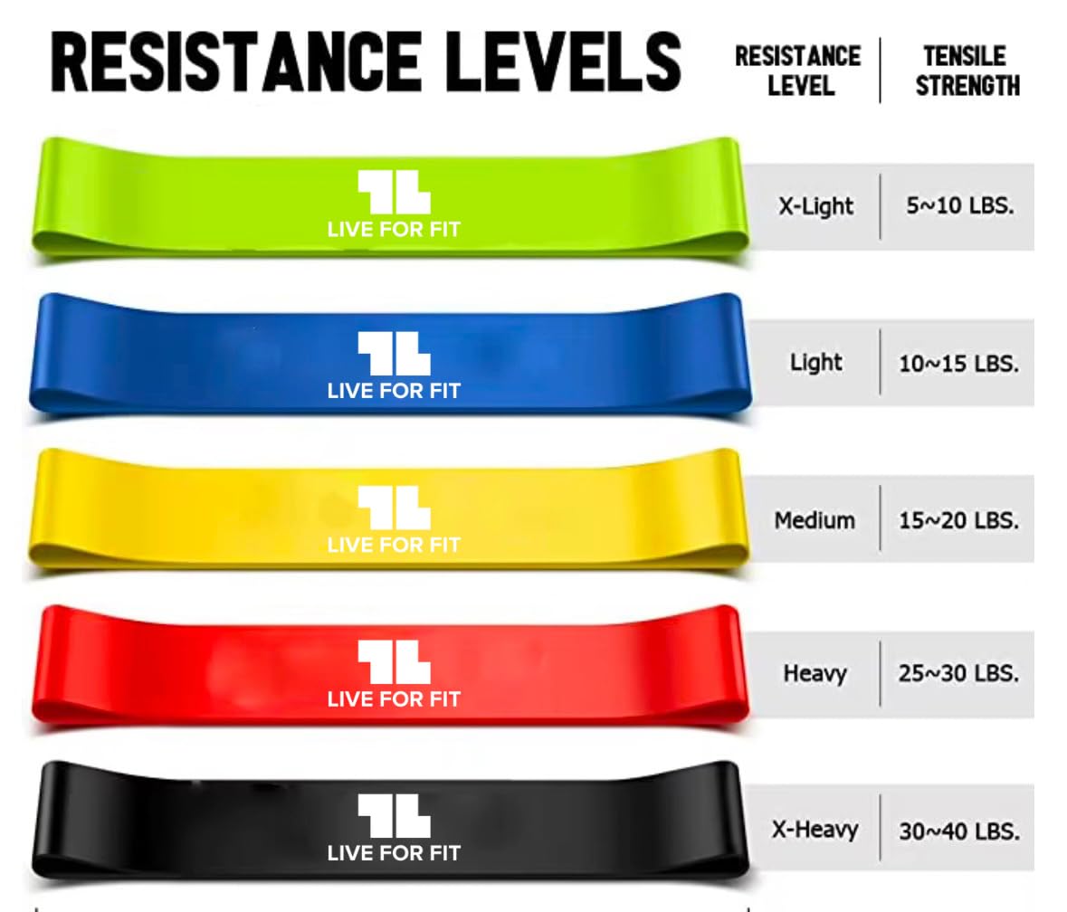 Live For Fit Exercise Resistance Loop Bands with Instruction Guide and Carry Bag, Set of 5