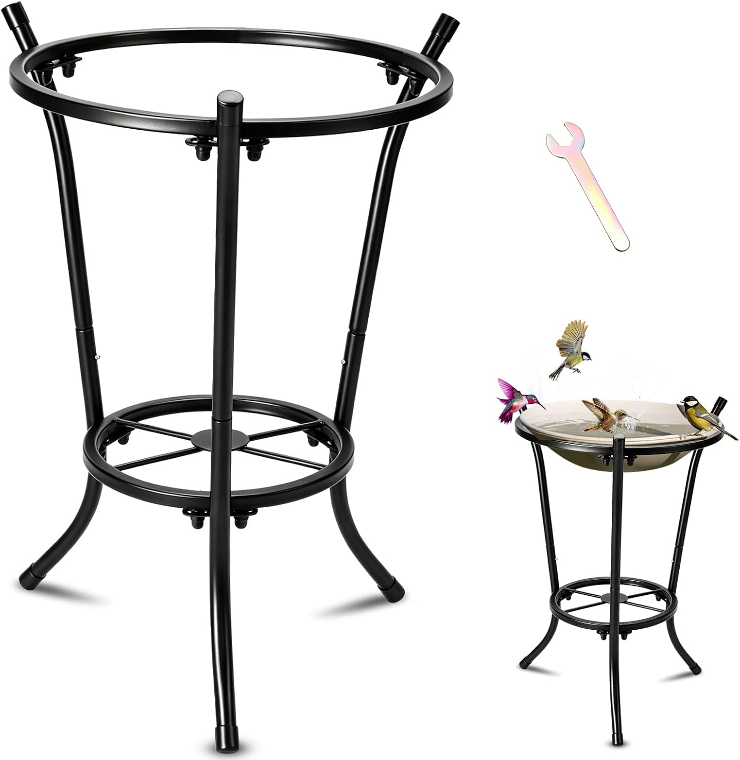 16 Inch Tall 2-Tier Wrought Iron Bird Bath Stand, Multi-Use Metal Plant Holder with Gazing Ball Design & 6 Non-Slip Pads, Sturdy Flower Pot Rack for Garden Patio Indoor Outdoor