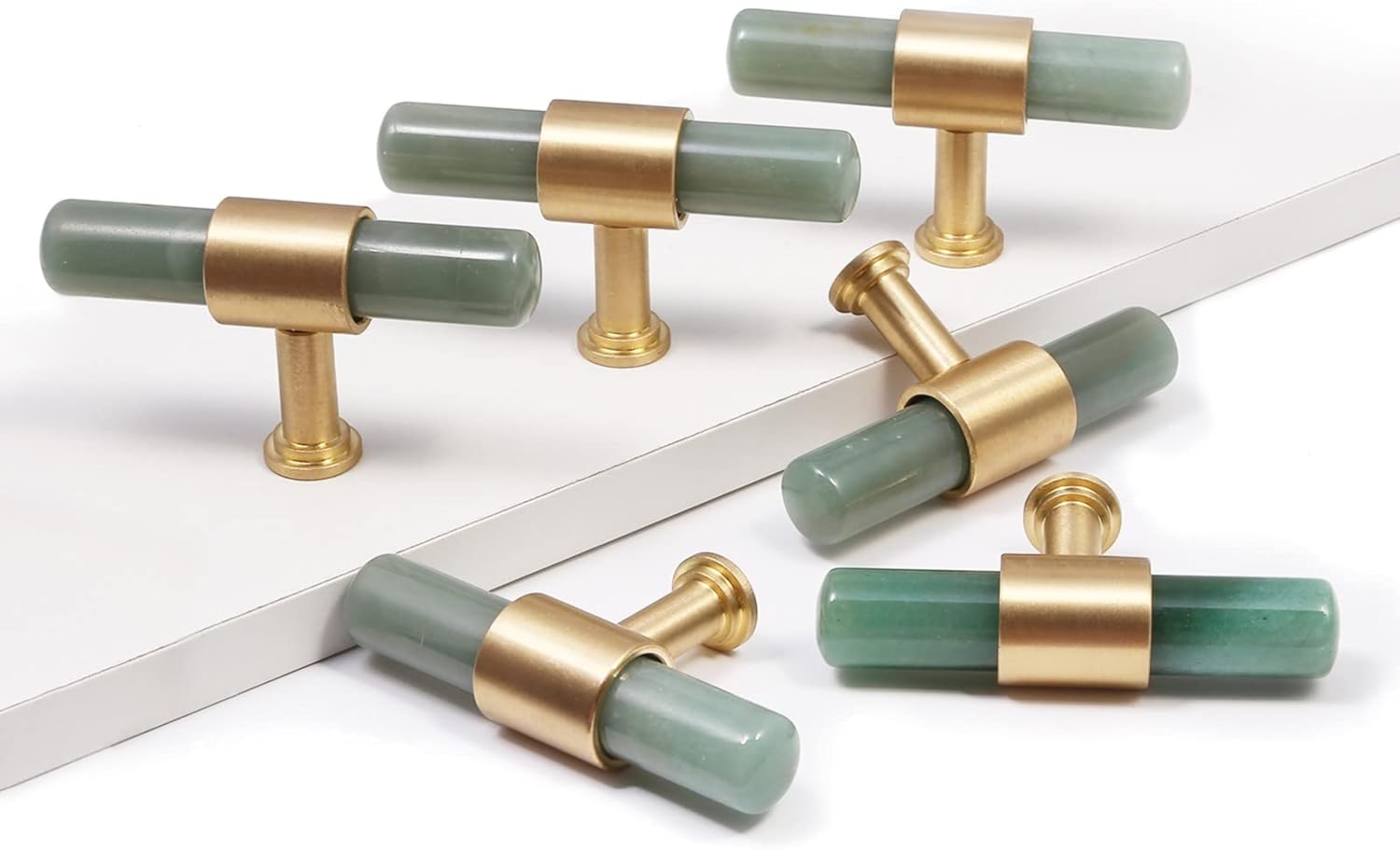 TUMBEELLUWA Set of 2 Crystal Stone T Bar Pull Handles with Screws, Brushed Brass Single Hole Quartz Stick Hardware Cabinet Knobs for Dresser Cupboard Kitchen Decor, Green Aventurine