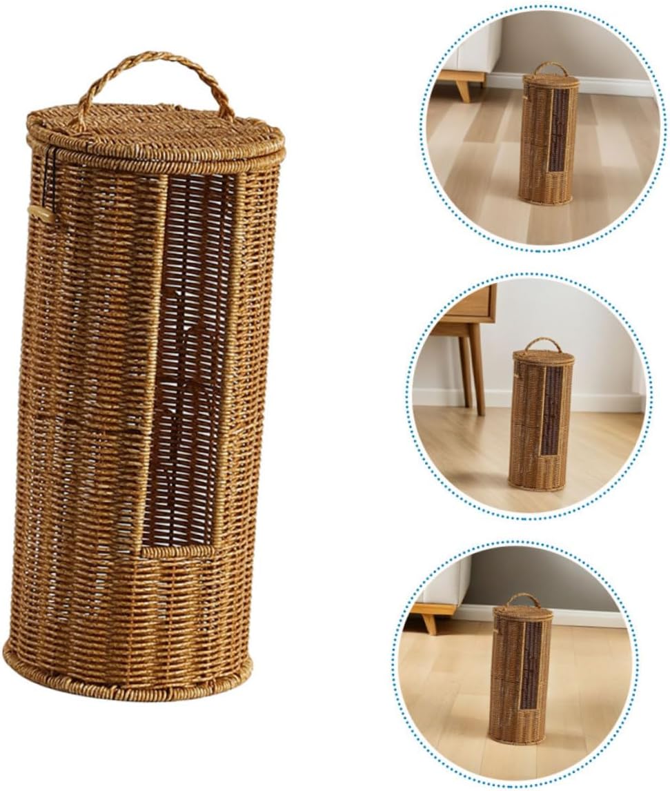 Ipetboom Faux Rattan Storage Basket with Lid Elegant Woven Container for Bathroom Living Room and Bedroom Organization Space Saving Decorative Hamper for Towels and Toilet Paper
