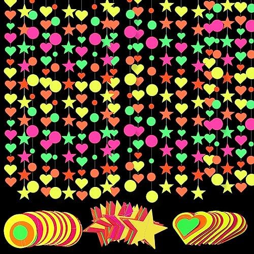 90ft Neon Party Supplies Set,2pcs Round dot Fluorescent Garland;2pcs Five-Pointed Star neon Garland;2pcs Heart neon Garland Decorations for Birthday Glow Party