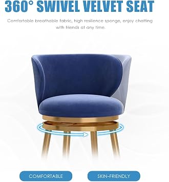 Rotating Bar Stool 1/2/3/4 Bar Set, Mid-Century Modern Velvet Bar Chairs Island Bar Stool for Kitchen Dining Room Blue Gold Frame,65cm
