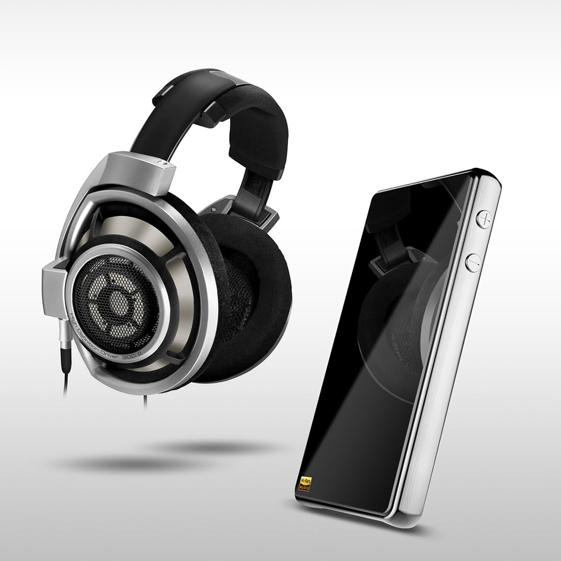 HIDIZS DH1000 amplifier next to a pair of large, silver over-ear headphones, emphasizing its use with high-fidelity audio equipment.