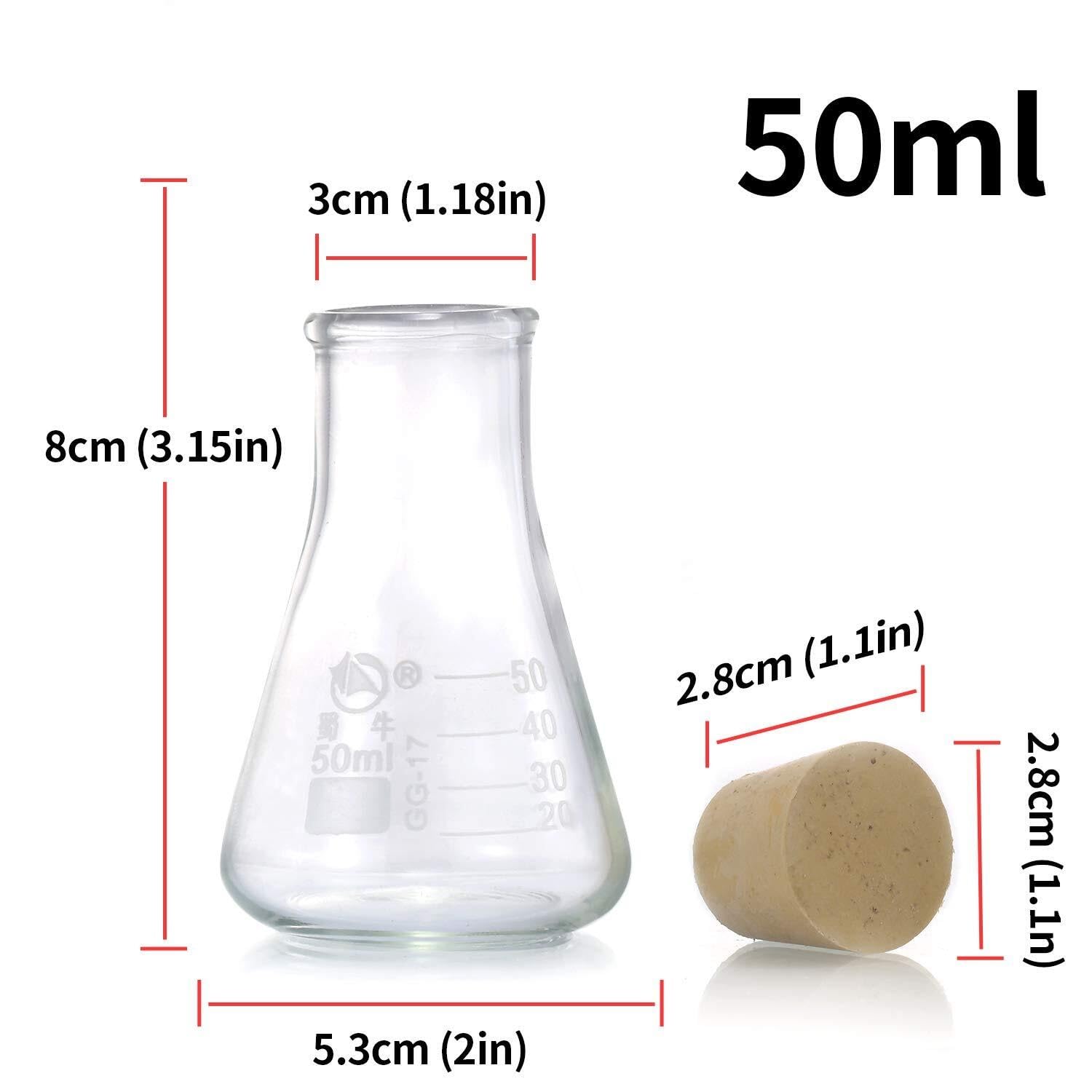 Juego de Matraces Erlenmeyer - 3 Matraces de Vidrio de Borosilicato (250ml, 150ml, 50ml) con Tapones de Goma para Experimentos de Laboratorio