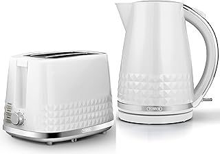 Tower Solitaire White 1.5L 3KW Jug Kettle & 2 Slice Toaster. Matching Modern Design Kettle & Toaster Set in White with Chrome Accents