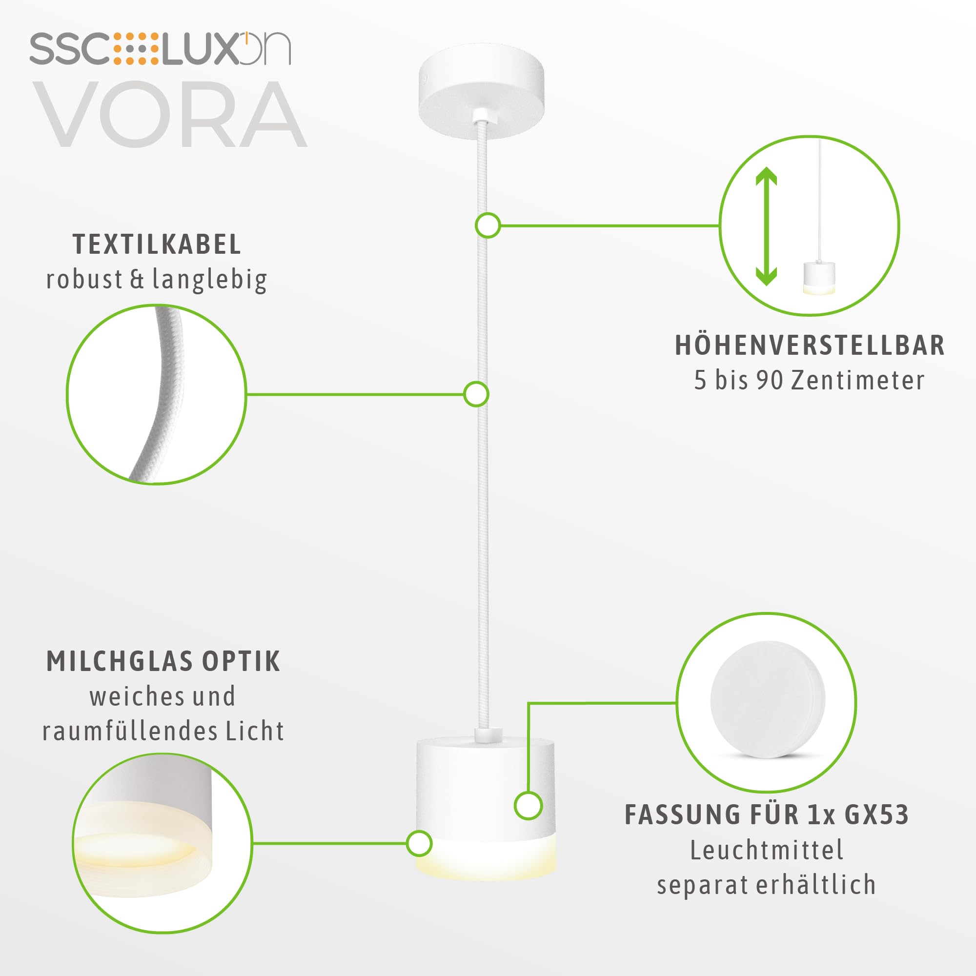 SSC-LUXon Design Deckenleuchte VORA weiß 2er Set mit Textilkabel - moderne Pendelleuchte Esstisch mit Leuchtring für GX53 Lampe | Zwei weiße Hängeleuchten mit Leuchtring für Esstisch & Küche - höhenverstellbares Textilkabel 90cm, GX53 (ohne Leuchtmittel)