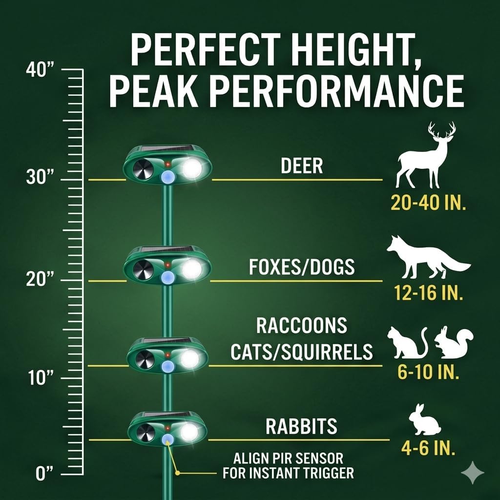 4Pack Sonic Fortress Pro Deer Repellent Devices Squirrel Rabbit Cat Raccoon Fox Deterrent Solar Ultrasonic Animal Repellent Outdoor with Motion Activated Strobe Light for Yard Lawn Garden Protection