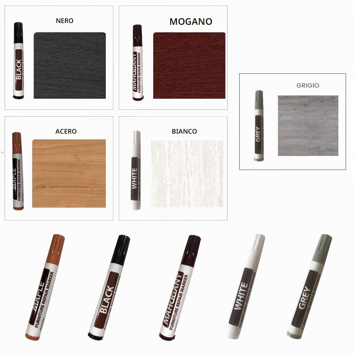 Pennarello Ritocco Legno,Ripara Legno,Parquet Ripara Graffi,Kit Riparazione Parquet,Kit Riparazione Legno,Ripara Graffi Parquet,Kit Riparazione Mobili Legno,Wood Repair Kit,Floor Repair Kit,5 Pezzi