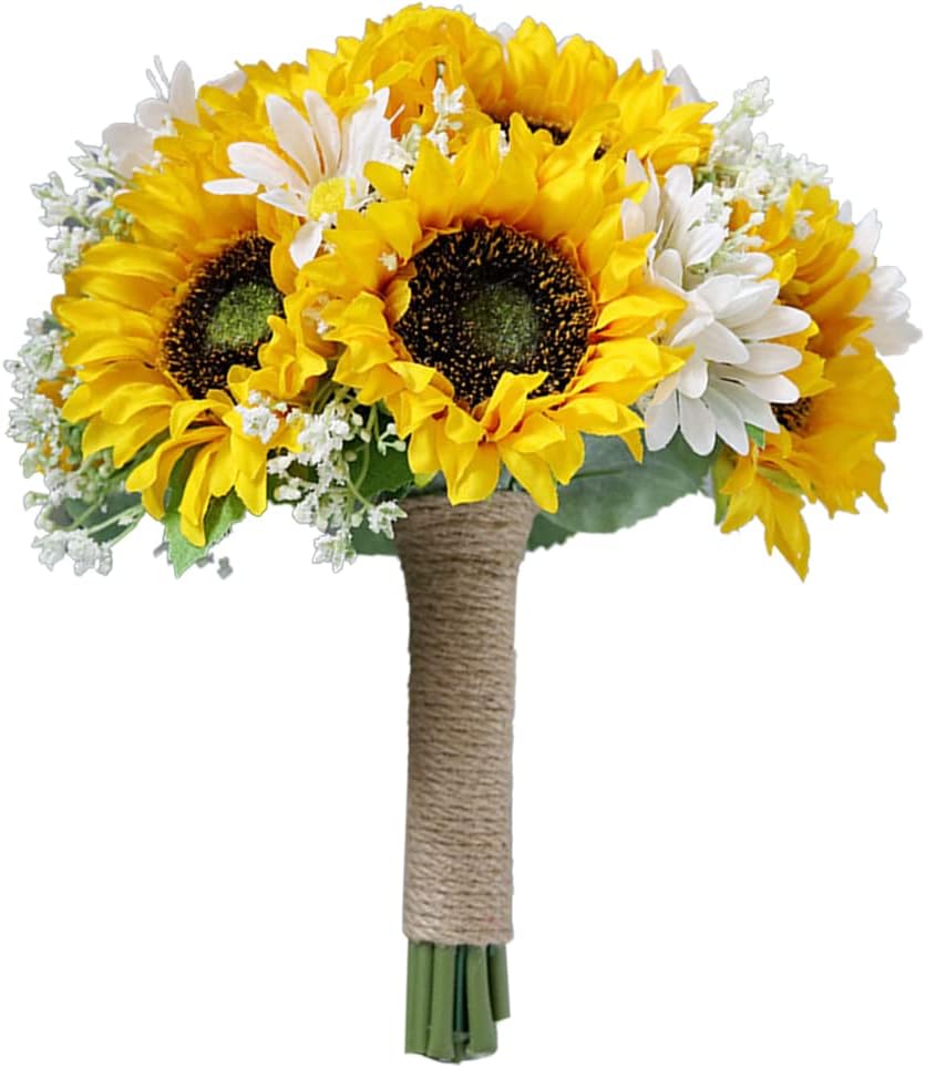 Artificial Silk Bridal Wedding Bouquet, Bridesmaid Vintage European Rustic Style Satin Silk Roses Wedding Fake Flower for Home Party Prom Wedding Decorations (Sunflower Daisy)