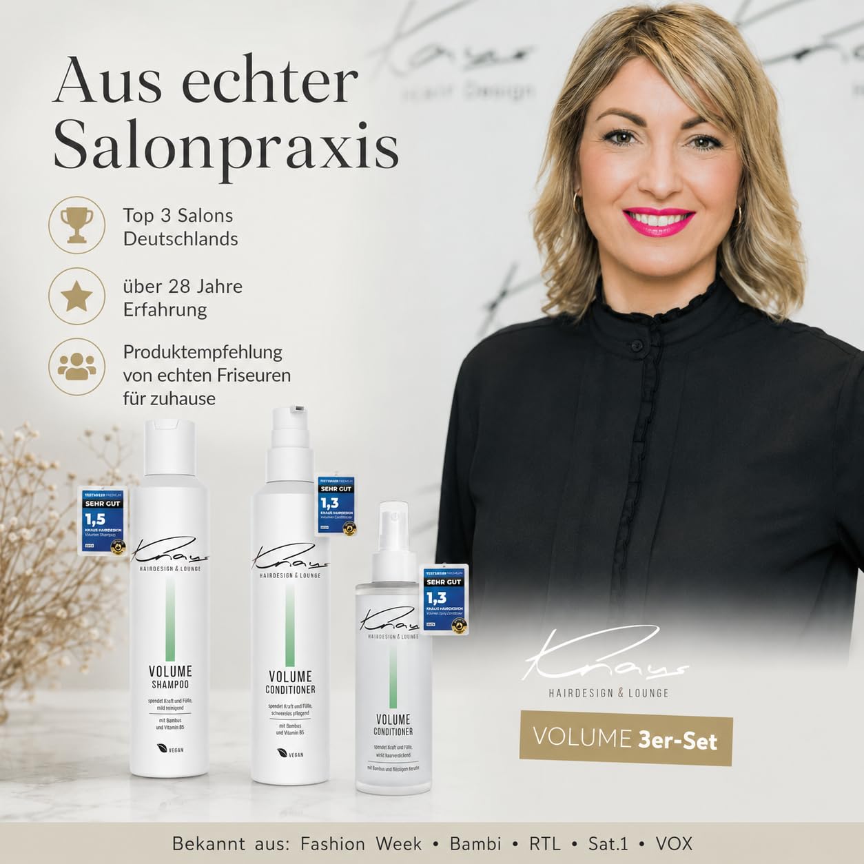 Knaus Volume Set 3-teilig - Friseur Shampoo Conditioner und Energy Spray mit Bambus, Vitamin B5 und Keratin für feines Haar, gegen kraftloses dünnes Haar, vegan, 2x200ml plus 100ml