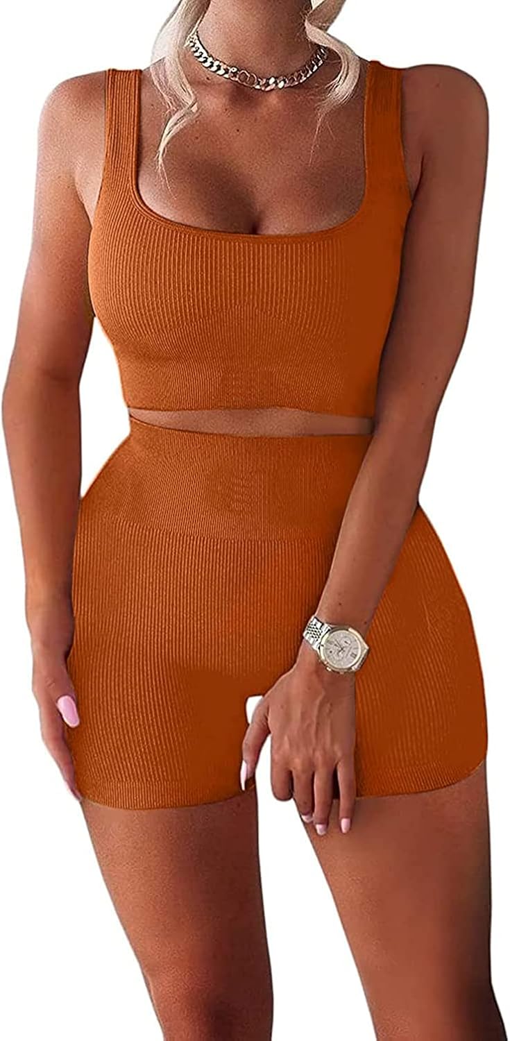 YESDOO Women's Workout Outfits Ribbed Tank 2 Piece Seamless High Waist Gym Outfit Yoga Shorts Leggings Sets