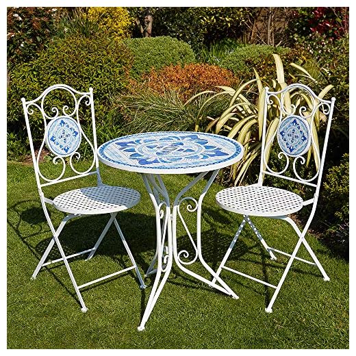 Home Source Fenton Mosaic Patio Outdoor Bistro Set, Round Table and 2 Folding Chairs, Metal Garden Furniture, White