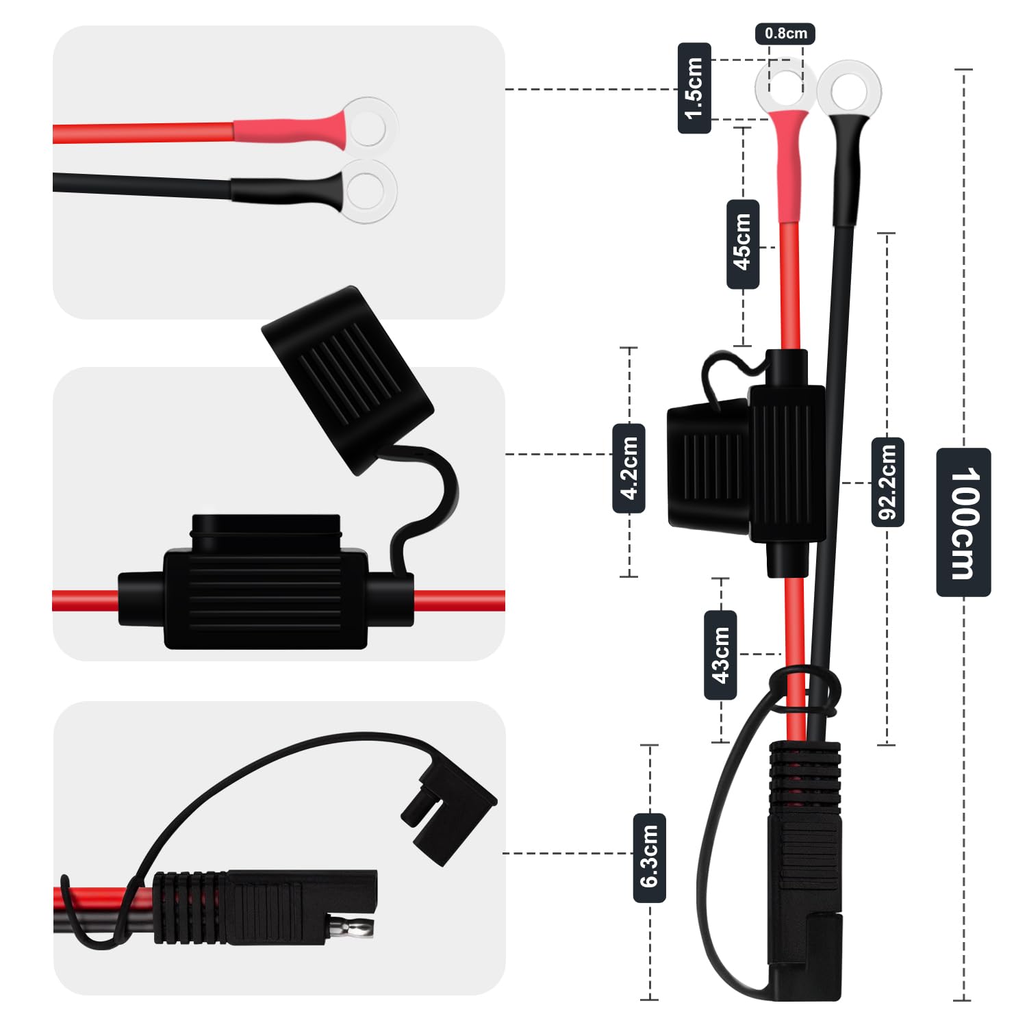 Connettore Cavo SAE 12V Terminale della Batteria 10WG Cablaggio Terminale SAE a O Ring con Fusibile per Ricarica di Batterie per Auto e Moto (1 m)