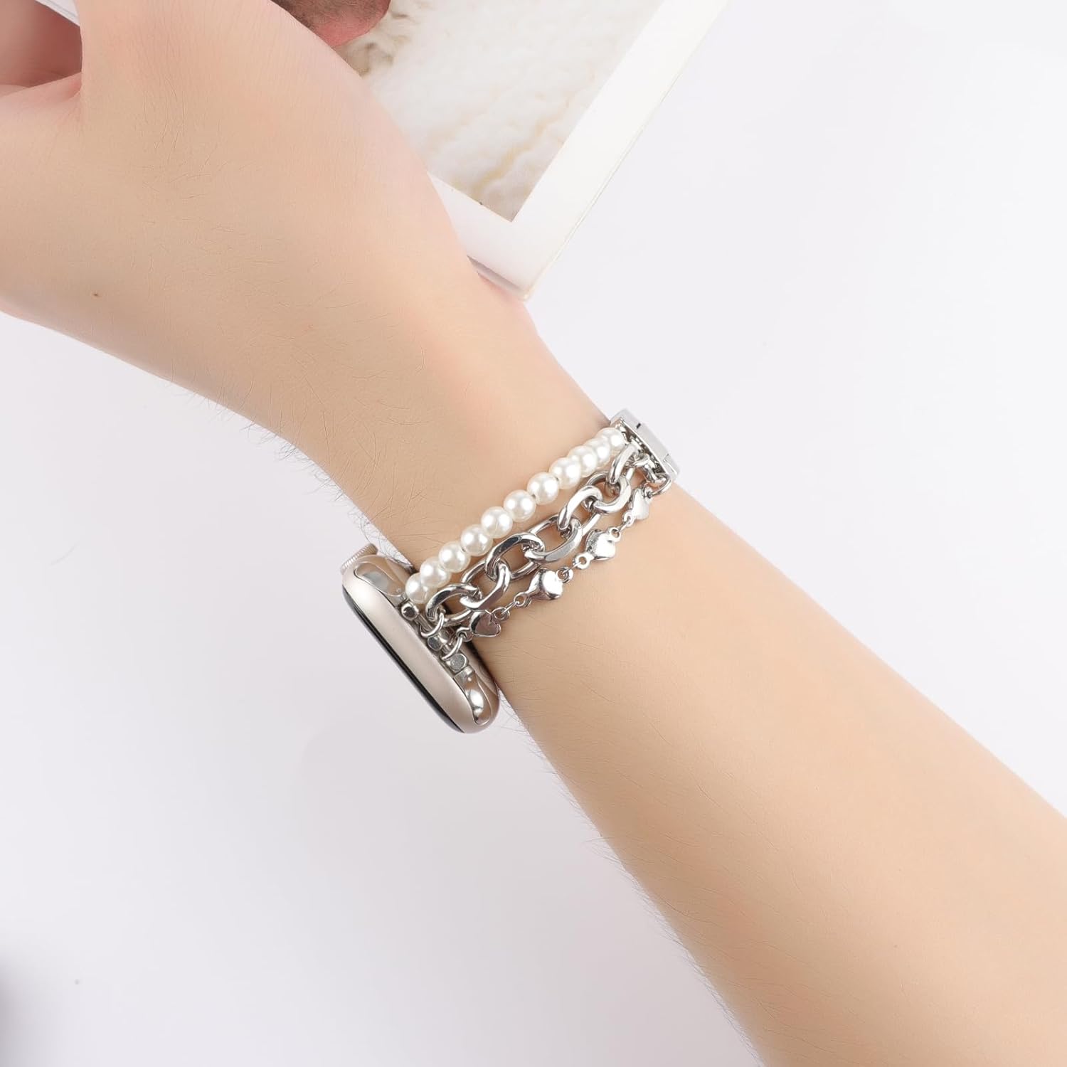 Pearl Beaded Bracelet Band Compatible with Apple Watch 38mm 40mm 41mm 42mm 44mm 45mm 49mm for Women,Fashion Handmade Bracelet Elegant Wristband Cute Jewelry Strap for iWatch Series SE 11 10 9 8 7 6 5 4 3 Ultra - Image 2
