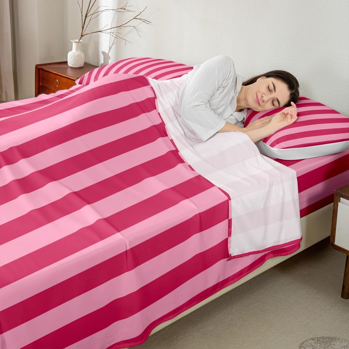 Rose Pink Red Bedding for Kids Boys Girls Abstract Stripes Bed Sheets Set Queen Size Geometric 4 Pieces Sheet with 16 Inch Deep Pockets Bedroom Decor Breathable Soft Lightweight Microfiber Modern 4Pcs