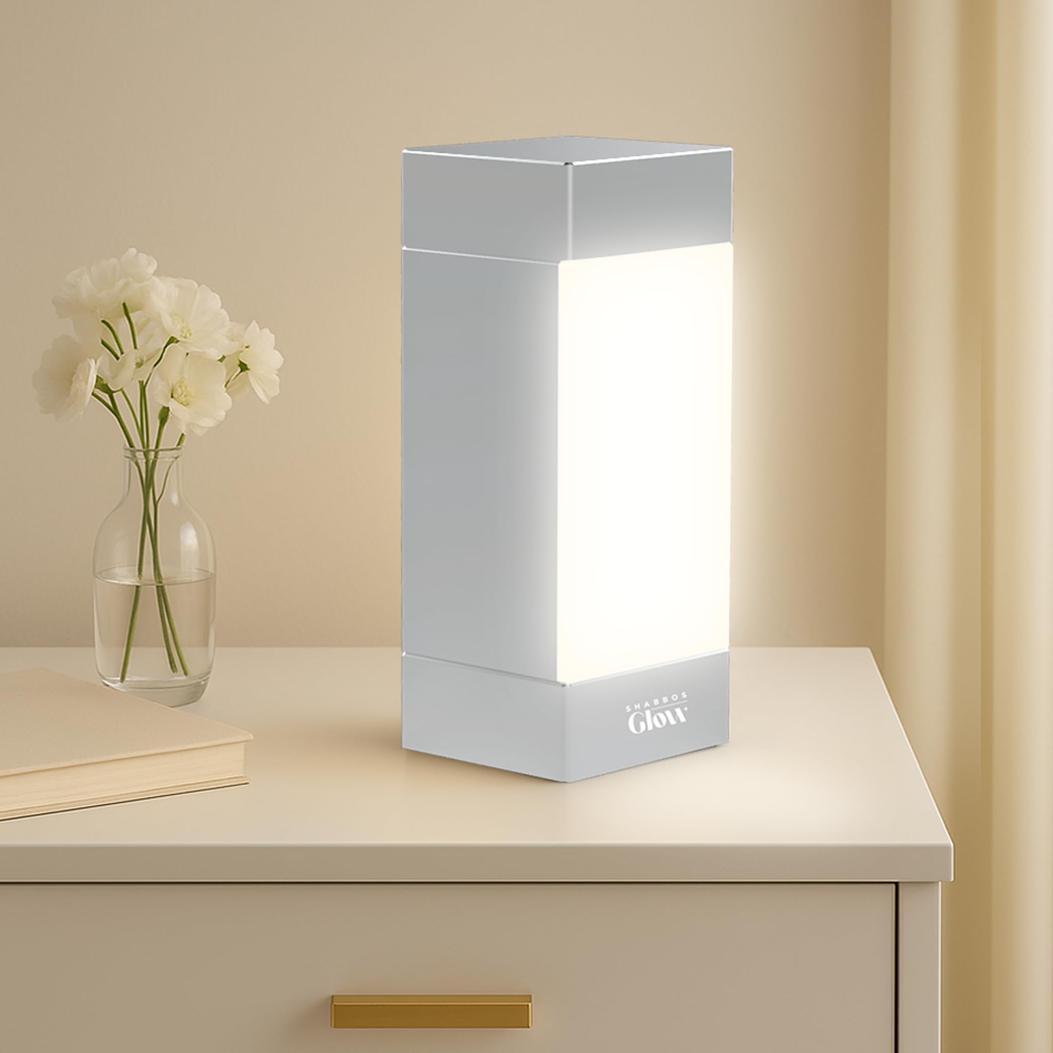 Shabbos Glow Square Shabbos Lamp – Elegant Silver | UL Approved, Kosher for Shabbos, Blackout Hood, Fireproof Plastic, 15W LED Included