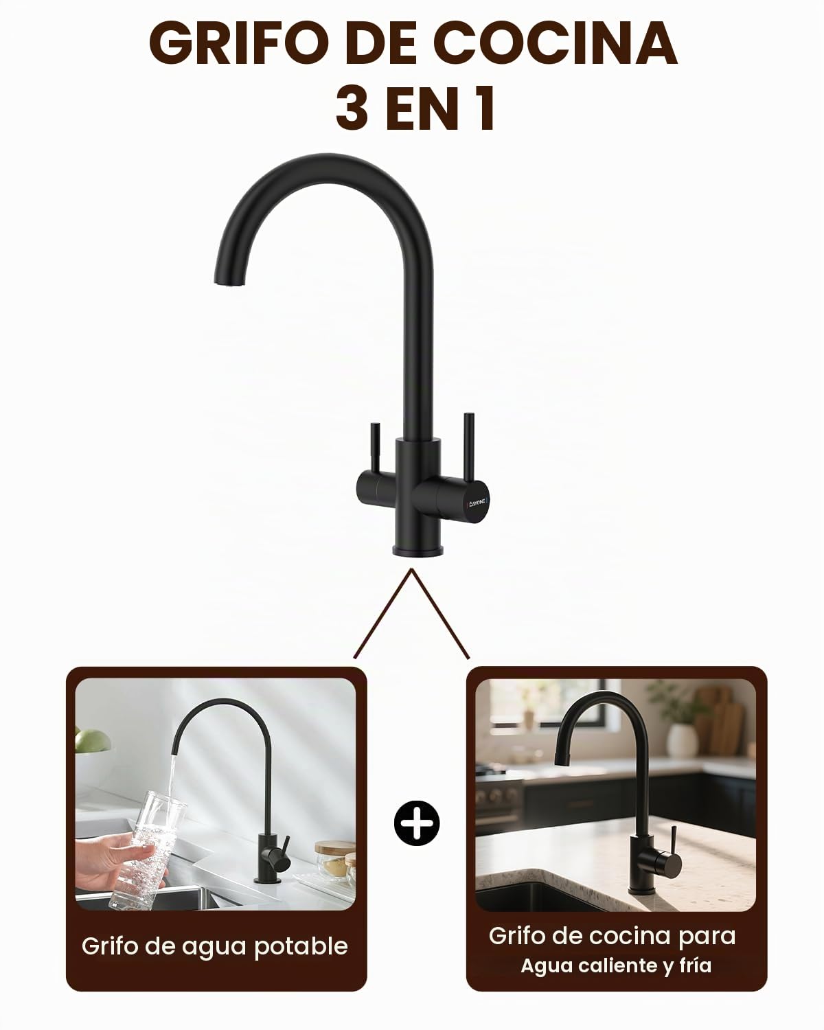 DAYONE Grifo de cocina de 3 vías, Negro Mate Grifo de Agua Potable con 2 Palancas, Grifo Giratorio 360° de Acero Inoxidable, Grifo Mezclador 3 en 1 para Filtro de Agua