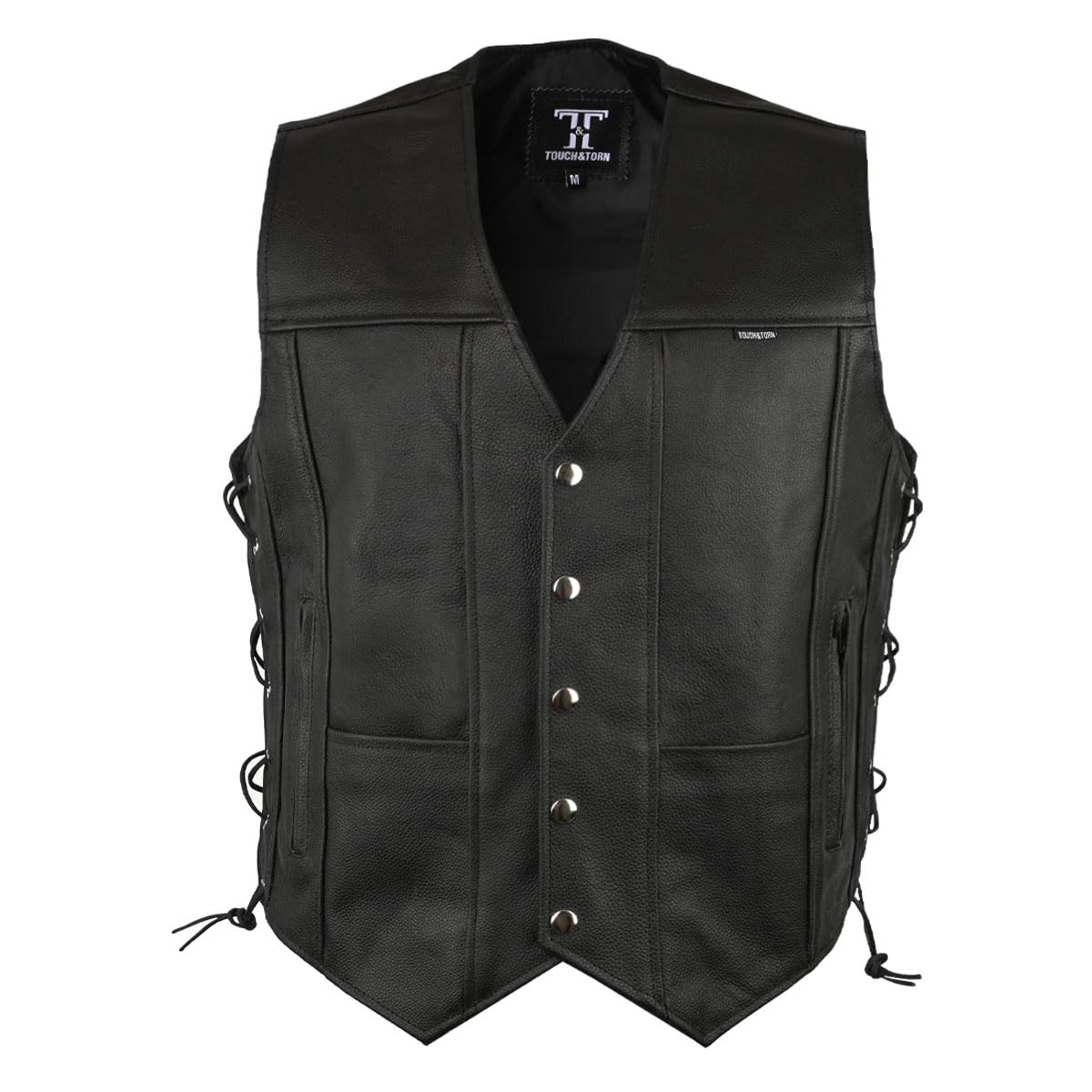 Touch&Torn Gilet da moto da uomo, in pelle, con tasche nascoste per il trasporto, lacci regolabili, gilet in pelle per motociclisti