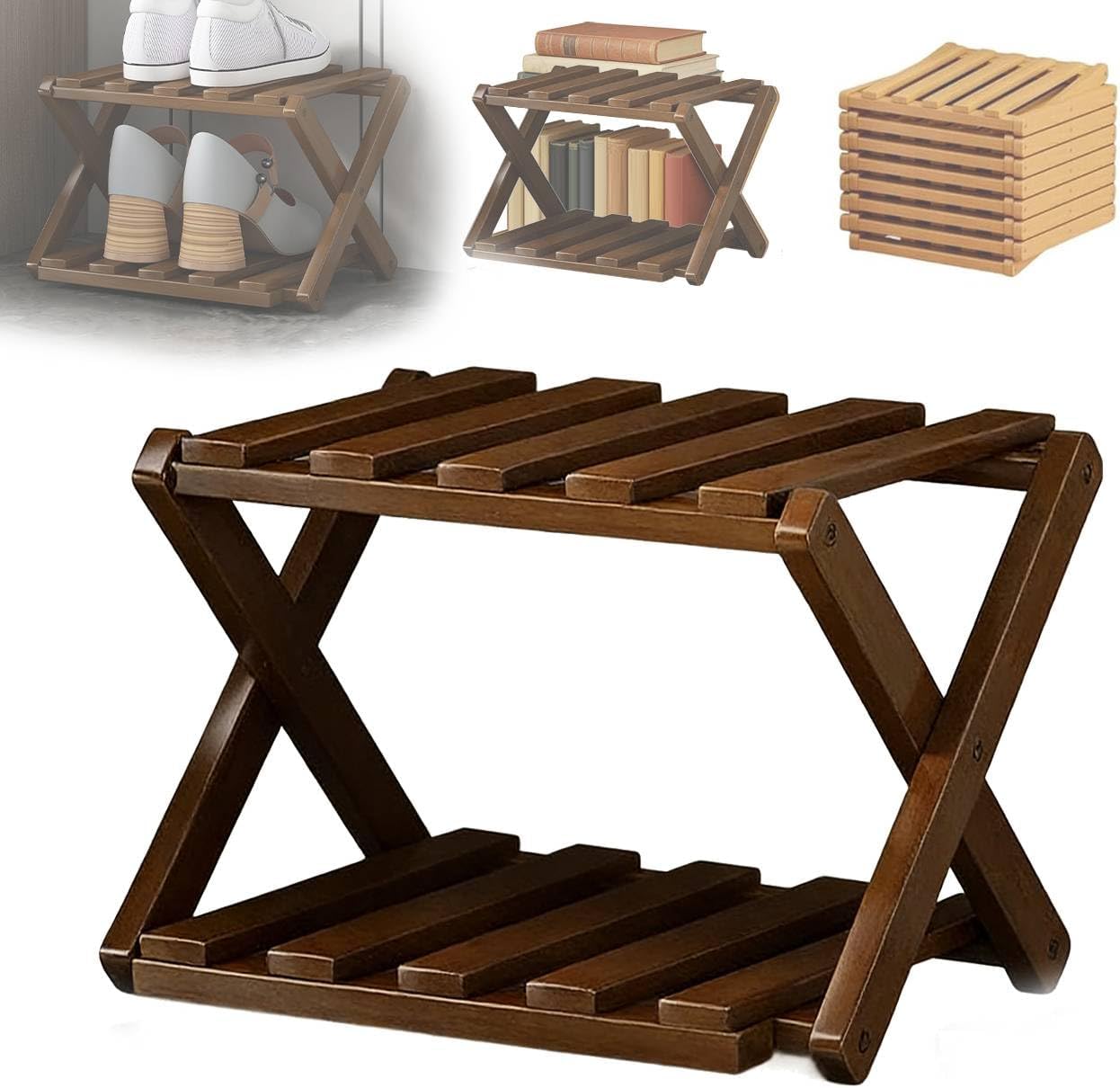 Foldable Shoe Rack Multifunctional Organizer Space-Saving Bamboo Shoe Rack for Small Spaces No-Assembly Bamboo Rack for Entryway, Closet, Corner Wood Color,Two Layers