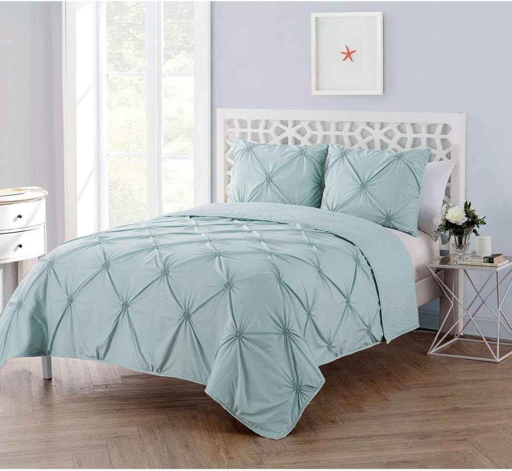 2pc Light Blue Pinch Pleated Quilt Twin XL Set, Baby Light